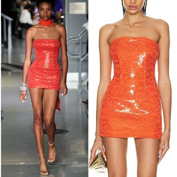 NWT LAQUAN SMITH Spring 2023 Runway Orange Sequin Strapless Mini Dress S… - Picture 3 of 16